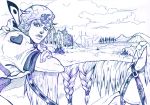  1boy araki_hirohiko_(style) clouds feathers hat hatching_(texture) heart hood hoodie horse horseback_riding horseshoe ink_(medium) johnny_joestar jojo_no_kimyou_na_bouken male_focus monochrome riding sabano_(haldir) sky solo star star_print steel_ball_run traditional_media tree 