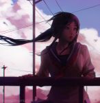  1girl artist_name blue_sky cable chromatic_aberration closed_mouth clouds expressionless floating_hair guweiz lips long_hair looking_afar looking_to_the_side neckerchief nose original outdoors power_lines purple purple_hair school_uniform serafuku sky solo standing telephone_pole text upper_body violet_eyes watermark web_address 