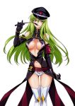  1girl belt boots breasts c.c. code_geass elbow_gloves gloves green_hair hat looking_at_viewer navel open_clothes peaked_cap riding_crop shiny shiny_clothes shiny_skin solo standing thigh-highs thigh_boots whip white_boots white_legwear yellow_eyes yuuki_homura 