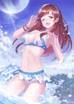  1girl ;d ball beachball bikini breasts brown_eyes brown_hair cleavage hairband idolmaster idolmaster_cinderella_girls long_hair meto31 navel nitta_minami one_eye_closed open_mouth smile solo splashing swimsuit wading water 