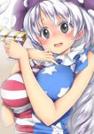  1girl american_flag_shirt blush breasts chikado clownpiece clownpiece_(cosplay) cosplay embarrassed flying_sweatdrops grey_eyes gun hat jester_cap large_breasts long_hair looking_at_viewer lunatic_gun neck_ruff polka_dot short_sleeves silver_hair simple_background solo star striped sweatdrop touhou upper_body weapon yagokoro_eirin 