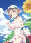  1girl arm_support bag bare_shoulders blush breasts brown_hair cleavage clouds condensation_trail dress flower green_eyes hair_ornament hairclip hat highres holding large_breasts looking_at_viewer open_mouth original popsicle see-through short_hair sitting sky solo sun_hat sundress sunflower sunlight u-ichi watch white_dress wind 