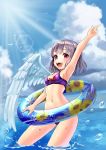  1girl absurdres angel_wings arched_back armpits bird bow breasts clouds cowboy_shot day floral_print hand_up highres hips horizon innertube kishin_sagume lens_flare light_rays looking_at_viewer navel ocean open_mouth partially_submerged red_eyes short_hair silver_hair single_wing single_wings small_breasts smile solo sun sunlight teeth thighs tongue touhou uemura_shun waist water water_drop white_wings wings 