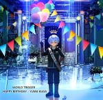  /\/\/\ 1boy 2016 balloon bangs belt_pouch birthday black_gloves black_jacket black_pants boots brick_wall building character_name closed_mouth copyright_name crack crown door dripping eyebrows eyebrows_visible_through_hair gloves grass hand_on_hip hand_up holding jacket kero_sweet kuga_yuuma lamp light_particles long_sleeves looking_at_viewer male_focus pants plant puddle railing red_eyes reflection sash signature silver_hair smile solo sparkle standing string_of_flags vambraces water white_hair world_trigger 