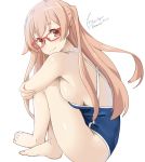  1girl azalanz breasts brown_eyes brown_hair glasses large_breasts long_hair school_swimsuit shiraishi_(tanakeda) sideboob simple_background sitting smile solo swimsuit tanaka-kun_wa_itsumo_kedaruge tilt-shift two_side_up white_background 