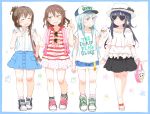  4girls akatsuki_(kantai_collection) alternate_costume backpack bag bangs baseball_cap black_hair blouse blue_eyes blue_hair bracelet brown_hair casual closed_eyes commentary_request denim denim_shorts earrings english failure_penguin fang folded_ponytail food food_on_face frilled_shirt frills glasses gomennasai hair_ornament hairclip hand_on_own_chest handbag hat heart-shaped_sunglasses heart_shape hibiki_(kantai_collection) holding holding_food ice_cream ice_cream_cone ikazuchi_(kantai_collection) inazuma_(kantai_collection) index_finger_raised jewelry kantai_collection long_hair miss_cloud multiple_girls open_mouth polka_dot_skirt sandals shirt shoes shorts sidelocks sketch skirt sleeveless sleeveless_shirt smile sneakers star sunglasses sunglasses_removed t-shirt text translation_request 