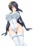  1girl black_hair black_jacket breasts brown_eyes covered_navel emperor_penguin_(kemono_friends) erect_nipples hair_over_one_eye headphones highres jacket kemono_friends large_breasts leotard looking_at_viewer open_clothes open_jacket short_hair simple_background smile solo tail thigh-highs thigh_gap twrlare white_background white_legwear white_leotard 