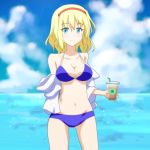 1girl alice_margatroid beach bikini blonde_hair blue_bikini blue_eyes breasts cato_(monocatienus) cleavage collarbone drink hairband looking_at_viewer navel open_clothes smile solo strap_gap swimsuit touhou 
