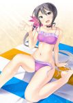  1girl akebono_(kantai_collection) barefoot bell bikini choker flower hair_bell hair_flower hair_ornament jingle_bell kankitsunabe_(citrus) kantai_collection long_hair purple_hair side-tie_bikini side_ponytail sitting solo swimsuit untied untied_bikini violet_eyes waving 