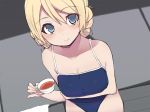  1girl bad_id blonde_hair blue_eyes blush breasts cleavage competition_school_swimsuit cup darjeeling erect_nipples girls_und_panzer looking_at_viewer maze_(gochama_ze_gohan) one-piece_swimsuit one_eye_closed sitting smile solo swimsuit tea teacup towel 