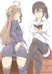  2girls ahoge alternate_costume alternate_eye_color arm_support ass ass_grab bespectacled black_jacket black_skirt blouse blue_skirt book breasts brown_hair brown_legwear desk expressionless from_behind glasses hand_on_own_ass highres holding holding_book jacket jitome kaga_(kantai_collection) kantai_collection kongou_(kantai_collection) legs_crossed long_sleeves looking_at_viewer medium_breasts multiple_girls nobcoffee office_lady on_desk one_eye_closed open_mouth pencil_skirt short_ponytail side_ponytail sitting sitting_on_desk skirt thigh-highs thighs unbuttoned violet_eyes white_blouse yellow_eyes zettai_ryouiki 
