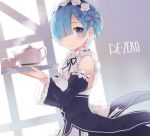  1girl apron blue_eyes blue_hair blush copyright_name cup detached_sleeves dress enomoto_hina expressionless frilled_sleeves frills from_side hair_ornament hair_over_one_eye holding holding_tray looking_at_viewer maid maid_headdress neck_ribbon re:zero_kara_hajimeru_isekai_seikatsu rem_(re:zero) ribbon ribbon-trimmed_clothes ribbon-trimmed_sleeves ribbon_trim shadow short_hair solo steam teapot tray x_hair_ornament 