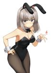  1girl animal_ears ashiwara_yuu blue_eyes bow bowtie breasts bunny_tail bunnysuit cleavage detached_collar fishnet_pantyhose fishnets girls_und_panzer highres itsumi_erika leaning_forward pantyhose rabbit_ears short_hair silver_hair tail wrist_cuffs 