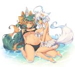  2girls animal_ears bikini breasts brown_hair cleavage fang green_eyes green_hair kuromiya kuromiya_raika large_breasts long_hair looking_at_viewer multicolored_hair multiple_girls navel o-ring_top open_mouth original shiromiya_asuka short_hair smile swimsuit tail two-tone_hair under_boob white_hair 