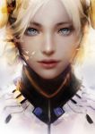  1girl blonde_hair blue_eyes bodysuit eyelashes face headgear lips lipstick looking_at_viewer makeup mechanical_halo mercy_(overwatch) muju nose overwatch parted_lips photorealistic portrait realistic solo turtleneck 