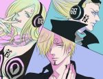  1girl 2boys artist_request bandanna blonde_hair blue_eyes brother_and_sister cleavage collared_shirt family hair_over_one_eye headphones low_neckline multiple_boys one_piece popped_collar sanji siblings source_request tattoo tongue v vinsmoke_family vinsmoke_reiju vinsmoke_yonji 