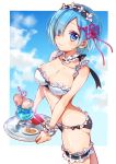  1girl ass bare_shoulders bikini blue_eyes blue_hair breasts butt_crack cleavage collarbone drink from_side hair_over_one_eye hair_ribbon hairband murakami_yuichi re:zero_kara_hajimeru_isekai_seikatsu rem_(re:zero) ribbon short_hair solo swimsuit thigh_strap tray 