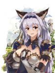  1girl animal_ears armor armored_dress blurry braid breast_hold brown_eyes cat_ears covering covering_breasts depth_of_field erun_(granblue_fantasy) gauntlets granblue_fantasy hair_between_eyes hair_intakes hair_tubes hairband hand_on_own_chest heles highres long_hair looking_at_viewer open_mouth shy silver_hair single_braid solo spaulders very_long_hair wavy_mouth white_crow 