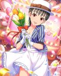  1girl alternate_costume artist_request black_hair confetti dress flower frilled_dress frills gloves hat idolmaster idolmaster_cinderella_girls matsubara_saya official_art red_eyes short_hair solo sparkle stage_lights striped_clothes tulip white_dress white_gloves 