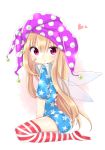  1girl absurdres american_flag_dress american_flag_legwear arched_back bandaid bandaid_on_face blonde_hair blush cheunes clownpiece dress fairy_wings from_side full_body hat heart highres jester_cap long_hair looking_at_viewer pouty_lips shiny shiny_clothes shiny_hair short_dress simple_background sitting solo tearing thigh-highs thighs touhou very_long_hair wariza white_background wings zettai_ryouiki 