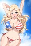  1girl american_flag american_flag_bikini aoiakira553 arm_behind_head arms_up bikini blonde_hair blue_eyes blush breasts cleavage flag_print front-tie_bikini front-tie_top girls_und_panzer huge_breasts kay_(girls_und_panzer) large_breasts long_hair looking_at_viewer navel open_mouth side-tie_bikini sky smile solo standing swimsuit thigh_gap 