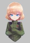  1girl bangs black_gloves blonde_hair blue_eyes blush girls_und_panzer gloves grey_background katyusha looking_at_viewer medama_hike pout short_hair short_jumpsuit simple_background solo upper_body 