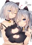  2girls ;3 ;p animal_ears artist_name bell bell_choker black_bra blue_eyes blush bra breast_grab breast_press breast_rest breasts cat_cutout cat_ears cat_lingerie choker cleavage cleavage_cutout closed_mouth collarbone dated eyebrows eyebrows_visible_through_hair fake_animal_ears grabbing hair_between_eyes hair_ornament hair_over_one_eye hairclip hamakaze_(kantai_collection) heart highres jingle_bell kantai_collection kashima_(kantai_collection) kou_mashiro large_breasts looking_at_viewer multiple_girls one_eye_closed paw_pose signature silver_hair simple_background smile tongue tongue_out twintails underwear upper_body white_background 