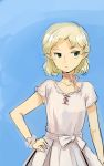  1girl alternate_costume blonde_hair blue_background breasts choker collarbone cowboy_shot dress expressionless green_eyes hand_on_hip looking_to_the_side mizuhashi_parsee pointy_ears ribbon_choker short_hair short_sleeves simple_background sinzan small_breasts solo touhou white_dress wrist_cuffs 