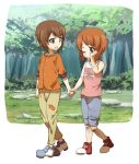  2girls absurdres ashiwara_yuu brown_eyes brown_hair bruise commentary dirty_clothes frown full_body girls_und_panzer hand_holding highres injury looking_at_another multiple_girls nishizumi_maho nishizumi_miho one_eye_closed outdoors pants pants_rolled_up shoes short_hair siblings sisters smile standing tank_top tearing_up walking younger 