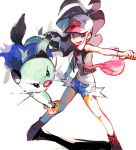  10s bag baseball_cap boots brown_hair denim denim_shorts dewott full_body handbag hat irima_(doron) pixiv_1218756 pokemon pokemon_(creature) pokemon_(game) pokemon_bw pose shell shorts sleeveless touko_(pokemon) vest white_background wristband 