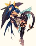  1girl bare_shoulders bent_over blue_hair breasts cleavage dizzy guilty_gear guilty_gear_xrd hyakuhachi_(over3) long_hair red_eyes solo tail twitter_username very_long_hair wings yellow_background 