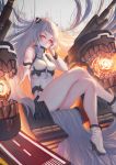  1girl airfield_hime gloves hair_ornament kantai_collection long_hair looking_at_viewer orange_eyes shinkaisei-kan silver_hair sitting smile solo usanekorin white_gloves 