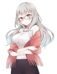  1girl breasts brown_eyes crossed_arms glasses hazuki_shizuku highres long_hair new_game! semi-rimless_glasses seseri7th shawl silver_hair simple_background solo 
