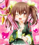  1girl ;d argyle argyle_background brown_eyes brown_hair finger_to_mouth flower_knight_girl frills heart highres japanese_clothes kimono long_hair looking_at_viewer masako_(sabotage-mode) nishikigi_(flower_knight_girl) one_eye_closed open_mouth pink_background sidelocks smile solo staff twintails 