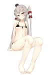  1girl absurdres alternate_costume amatsukaze_(kantai_collection) arm_support artist_request bare_arms bare_legs bare_shoulders barefoot bikini black_bikini breasts collarbone feet from_below front-tie_top hair_tubes highres kantai_collection long_hair pureko pureko_(pureko93) side-tie_bikini silver_hair small_breasts smile solo swimsuit thighs toes tsurime two_side_up windsock yellow_eyes 