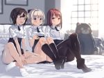  3girls bed black_hair black_legwear blonde_hair blush book brown_eyes brown_hair garnet kneehighs looking_down multiple_girls open_mouth original pantyhose pillow sitting skirt smile socks stuffed_animal stuffed_toy teddy_bear white_legwear window 