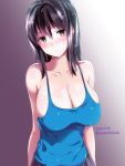  1girl arms_at_sides bare_arms bare_shoulders black_hair blue_shirt blush breasts brown_eyes collarbone hanae_shuuhei large_breasts light_particles long_hair looking_at_viewer original purple_background shiny shiny_hair shiny_skin shirt smile tank_top upper_body 