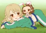  2girls :d animal_ears bangs blonde_hair blush brown_eyes brown_hair chibi drill_hair fake_animal_ears grass green_pants idolmaster idolmaster_cinderella_girls jacket looking_at_another morikubo_nono multiple_girls open_mouth pants rabbit_ears red_eyes seki_hiromi short_hair smile top-down_bottom-up track_jacket track_pants uzu_shi_o 