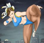 1girl bare_shoulders breasts capcom chun-li city clouds female gym_clothes kicking large_breasts legs looking_at_viewer night pantyhose sky street_fighter 