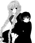  00s 1boy 1girl age_difference ascot black_eyes black_hair child chobits clamp closed_mouth collared_shirt dress height_difference hug kokubunji_minoru looking_at_viewer monochrome official_art parted_lips simple_background size_difference smile twin_braids upper_body very_long_hair white_background yuzuki 