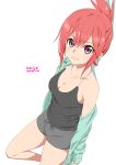  1girl breasts cardigan cleavage dated looking_at_viewer off_shoulder original pink_hair ponytail saitoyu00 short_hair shorts simple_background sleeveless smile solo violet_eyes white_background 