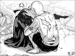  1boy 1girl bald barefoot black_hair fubuki_(one-punch_man) kuroha_ai monochrome one-punch_man petting saitama_(one-punch_man) short_hair torn_clothes 