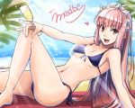  1girl alcohol bangs beach bikini blunt_bangs breasts champagne champagne_flute cup drinking_glass fate/grand_order fate_(series) front-tie_bikini front-tie_top heart holding long_hair looking_at_viewer medb_(fate/grand_order) navel ocean open_mouth pink_hair purple_bikini shimo_(s_kaminaka) side-tie_bikini smile solo stomach swimsuit tiara yellow_eyes 