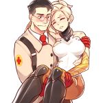  1boy 1girl bare_shoulders black_hair blonde_hair blue_eyes blush bodysuit breasts carrying closed_eyes collarbone crossover glasses gloves high_ponytail injury large_breasts lips mechanical_halo mercy_(overwatch) necktie no_wings overwatch pantyhose parted_lips power_connection princess_carry short_hair sieyarelow simple_background suspenders team_fortress_2 the_medic torn_clothes white_background wince 