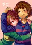  2girls androgynous artist_request blue_shirt brown_eyes brown_hair chara_(undertale) frisk_(undertale) green_shirt heart heart_necklace highres hno3syo hug jewelry multiple_girls necklace pink_background red_eyes shirt short_hair tan undertale wavy_mouth 