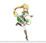  1girl blonde_hair breasts cleavage gloves green_eyes green_skirt hair_ornament holding holding_sword holding_weapon leafa leafa_(sao:im) long_hair looking_at_viewer pleated_skirt simple_background skirt smile solo sword sword_art_online sword_art_online:_code_register thigh-highs watermark weapon white_background white_gloves 