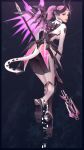  1girl ;) alternate_color ass back bent_over bodysuit breasts copyright_name from_behind highres holding holding_weapon imp_mercy jn3 leaning_forward long_hair looking_at_viewer mercy_(overwatch) one_eye_closed overwatch pink_eyes pink_hair ponytail smile solo tail weapon wings 