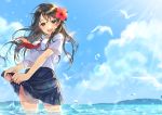  1girl :d bird black_eyes black_hair blue_sky blush clouds day flower hair_flower hair_ornament highres long_hair looking_at_viewer morikura_en neckerchief ocean open_mouth original outdoors partially_submerged pleated_skirt school_uniform serafuku short_sleeves skirt skirt_hold sky smile solo splashing standing sunlight wading water wet wet_clothes 