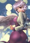  1girl artist_name ass bangs blurry bokeh braid breasts clenched_hand cowboy_shot curvy depth_of_field eyebrows eyebrows_visible_through_hair feathered_wings feathers female flower jacket kishin_sagume large_breasts long_sleeves looking_at_viewer looking_back open_clothes open_jacket own_hands_together parted_lips purple_skirt red_eyes signature single_wing skin_tight skirt skirt_set solo sparkle touhou umigarasu_(kitsune1963) white_hair white_wings wide_hips wings 