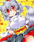  1girl animal_ears autumn_leaves bare_shoulders breasts detached_sleeves hat inubashiri_momiji large_breasts leaf looking_at_viewer pom_pom_(clothes) red_eyes short_hair silver_hair solo surigoma tail tokin_hat touhou wolf_ears wolf_tail 